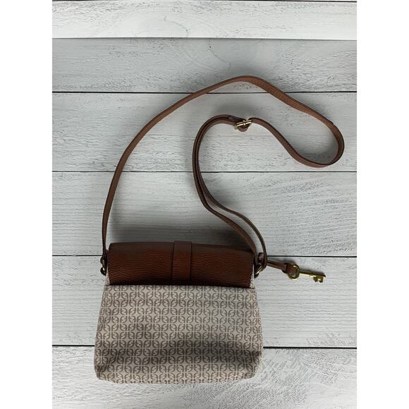 Fossil Women's Brown Leather Printed Fabric Crossbody Cute Shoulder Bag Purse - Picture 11 of 15